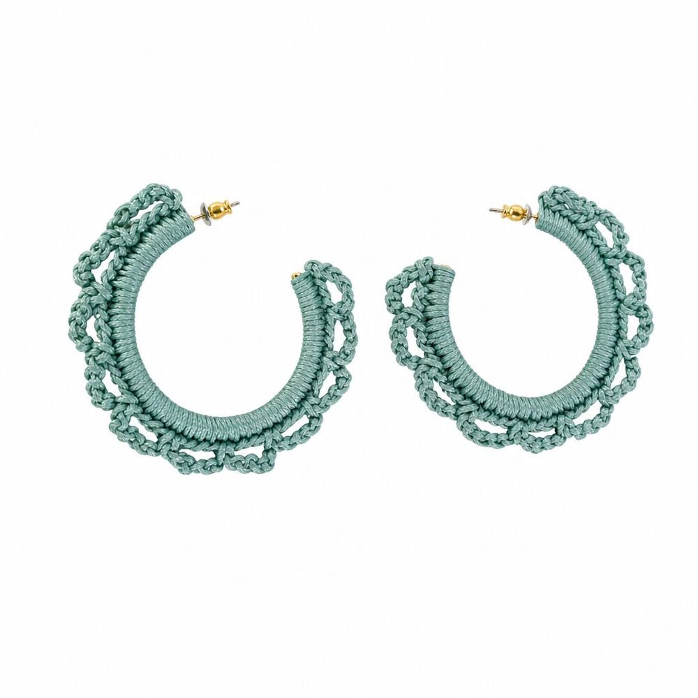 VTG Inspired Sage Green Crochet Macrame Woven Fiber Boho Statement Hoop Earrings